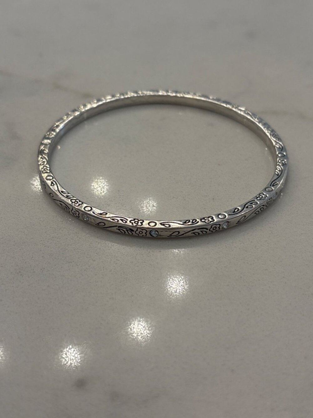 Brighton Floral Engraved Bangle Bracelet Silver Crystal Accents